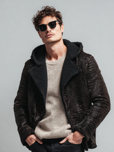 Men's leather-textured hooded plush jacket
